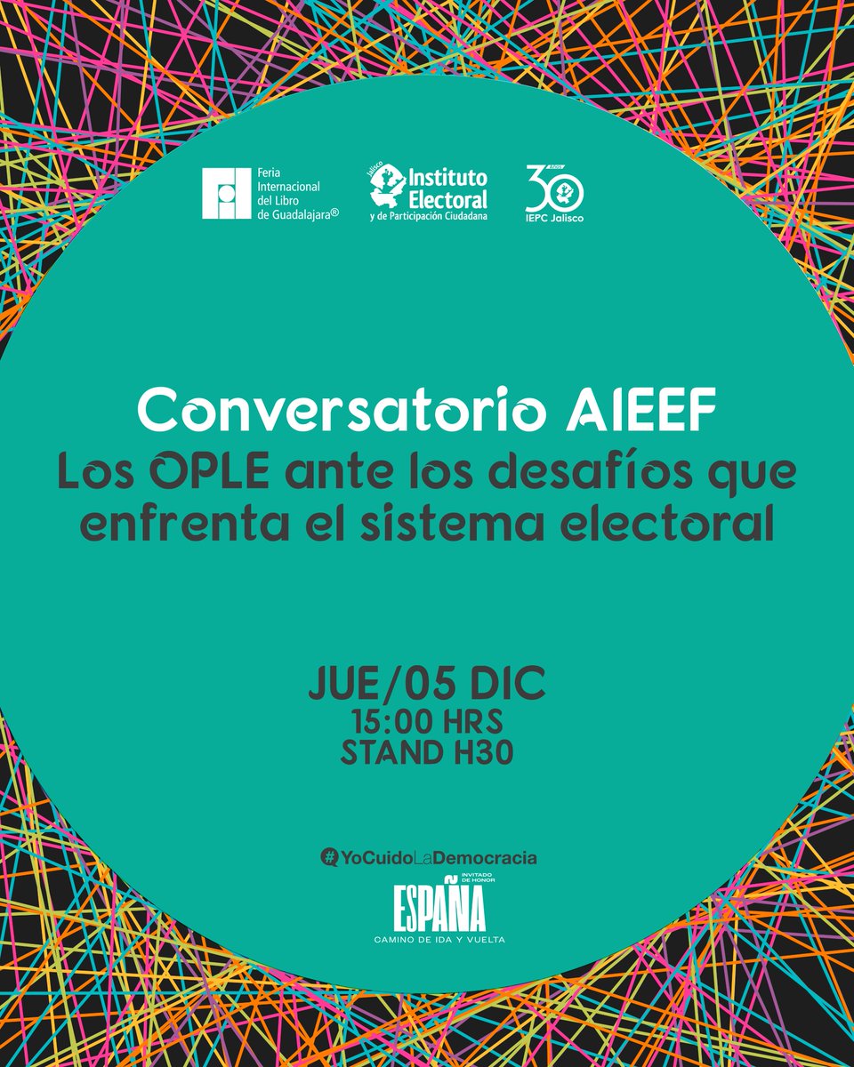 El diálogo sigue en la #FIL24
Conversatorio Asociación de Instituciones Electorales de las Entidades Federativas <a href="/AIEEFMX/">AIEEF</a>: Los OPLE ante los desafíos que enfrenta el sistema electoral
🗓️5 diciembre
🕒15:00 horas
📍Stand H30 del <a href="/iepcjalisco/">IEPC Jalisco</a> 
#YoCuidoLademocracia
¡Te esperamos!