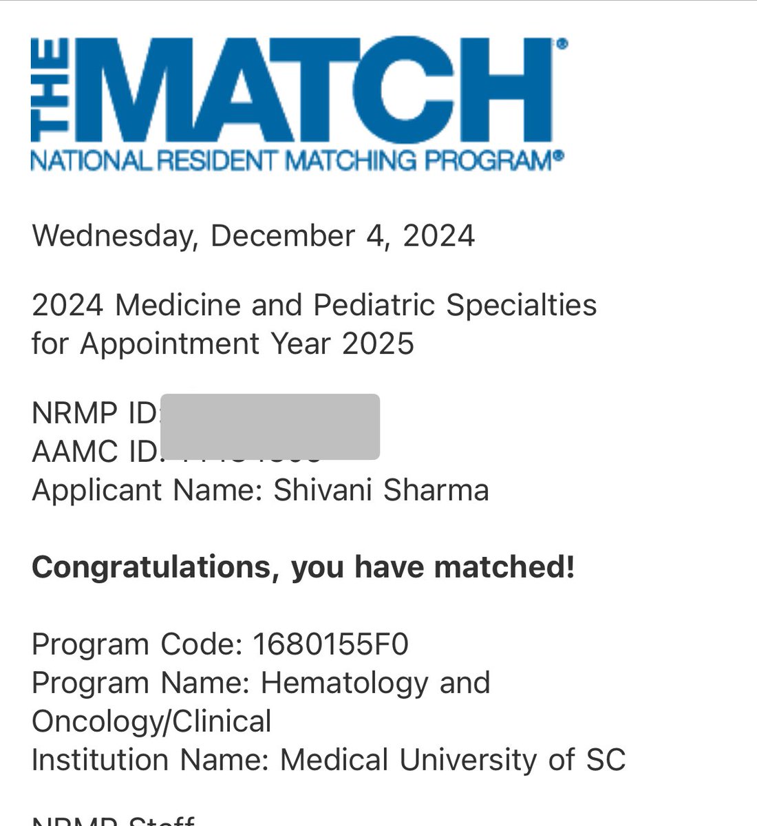 I am incredibly grateful to match at my first choice for Hematology/Oncology fellowship. <a href="/muschollings/">MUSC Hollings Cancer Center</a>. Excited to continue my journey at MUSC! #Match2025 #HemOnc