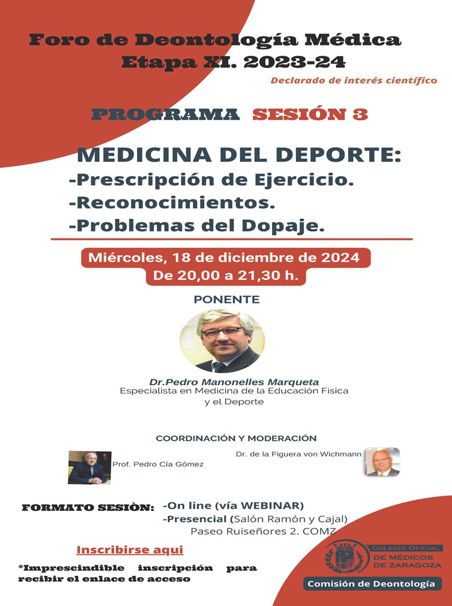 med_unizar (@medunizar) on Twitter photo 📢📢La Comisión de Deontología de <a href="/medicoszaragoza/">Colegio de Médicos de Zaragoza</a> ha organizado una nueva sesión del curso 2024-25👏👏
Título "Medicina del Deporte. Prescripción de ejercicio. Reconocimientos. Problemas del dopaje"
Ponente: Dr. Pedro Manonelles Marqueta
Día 18/12
Insc : comz.org/formacion/196-… 📢📢La Comisión de Deontología de <a href="/medicoszaragoza/">Colegio de Médicos de Zaragoza</a> ha organizado una nueva sesión del curso 2024-25👏👏
Título "Medicina del Deporte. Prescripción de ejercicio. Reconocimientos. Problemas del dopaje"
Ponente: Dr. Pedro Manonelles Marqueta
Día 18/12
Insc : comz.org/formacion/196-…