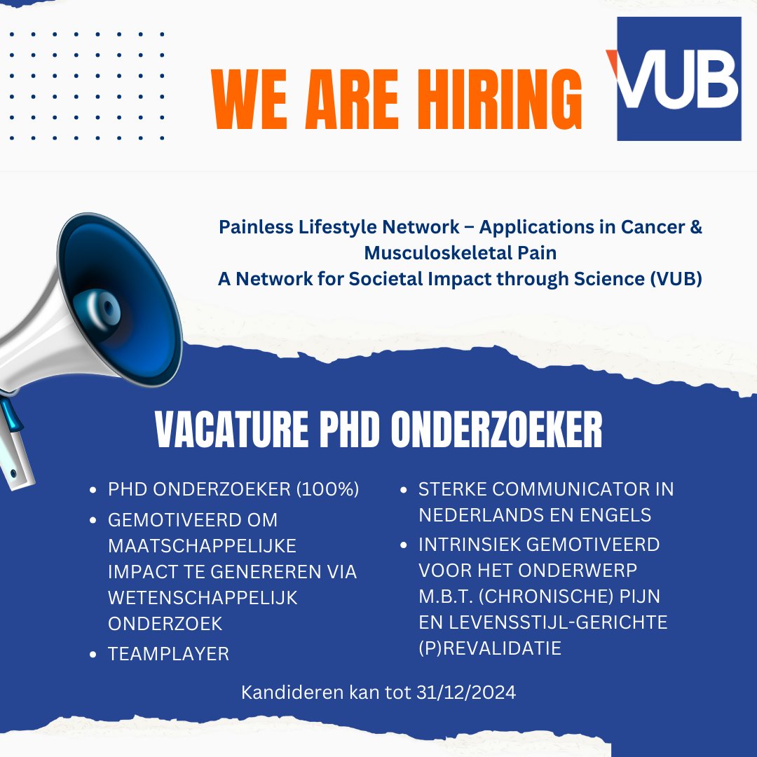 PaininMotion's tweet image. Een belangrijke maatschappelijke bijdrage leveren voor mensen met chronische pijn? Onze PhD vacature rond valorisatie van onderzoek naar leefstijlinterventies staat nog steeds open!  📅 Solliciteer vóór 31/12/24! #PhD #Vacature #Onderzoek #VUB