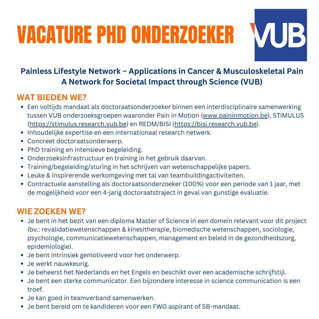 PaininMotion's tweet image. Een belangrijke maatschappelijke bijdrage leveren voor mensen met chronische pijn? Onze PhD vacature rond valorisatie van onderzoek naar leefstijlinterventies staat nog steeds open!  📅 Solliciteer vóór 31/12/24! #PhD #Vacature #Onderzoek #VUB