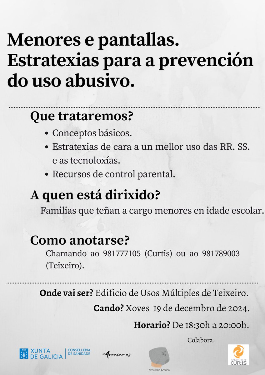 📣Taller o xoves 19 de decembro “Menores e pantallas. Estratexias para a prevención do uso abusivo” 

Toda a info👇