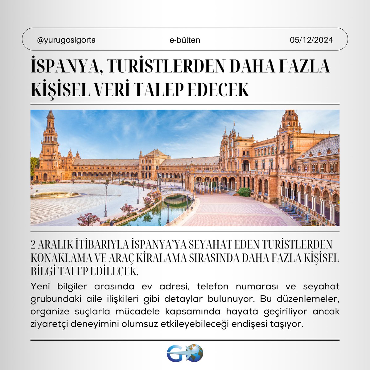 YurugoSigorta's tweet photo. 📢 İspanya'da turistlere yeni düzenlemeler! 
2 Aralık’tan itibaren konaklama ve araç kiralamada ev adresi, telefon numarası gibi ekstra bilgiler zorunlu hale geliyor.

Detaylar için e-bültenimizi web sitemizde okuyabilirsiniz. 

#Seyahat  #YurtDışıPlanları #SeyahatHaberleri https://t.co/MyuVx6vJlV