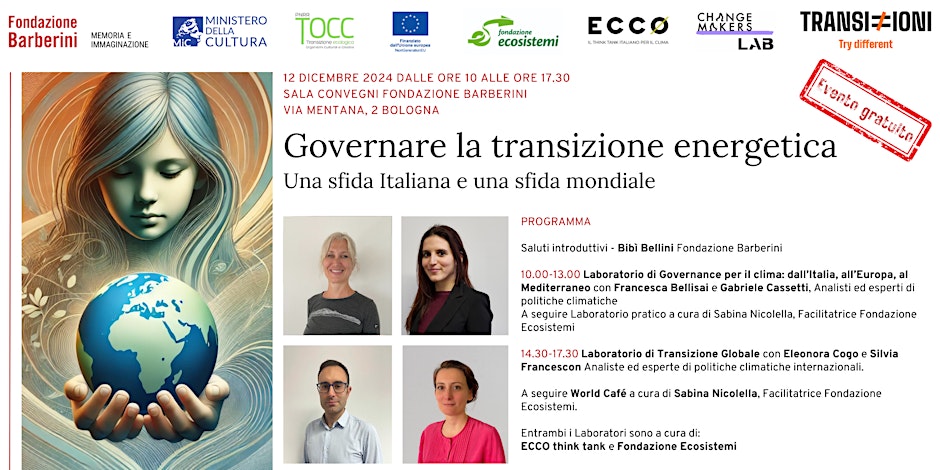 📌 Governare la transizione energetica: una sfida italiana e mondiale
 
🗓️giovedì 12 dicembre, h10-17:30
📍Sala Convegni, Fondazione Barberini, Bologna
 
Gli esperti di politiche climatiche di ECCO e <a href="/ecosistemi_/">Fondazione Ecosistemi</a> parleranno di come costruire un ponte strategico tra dimensione