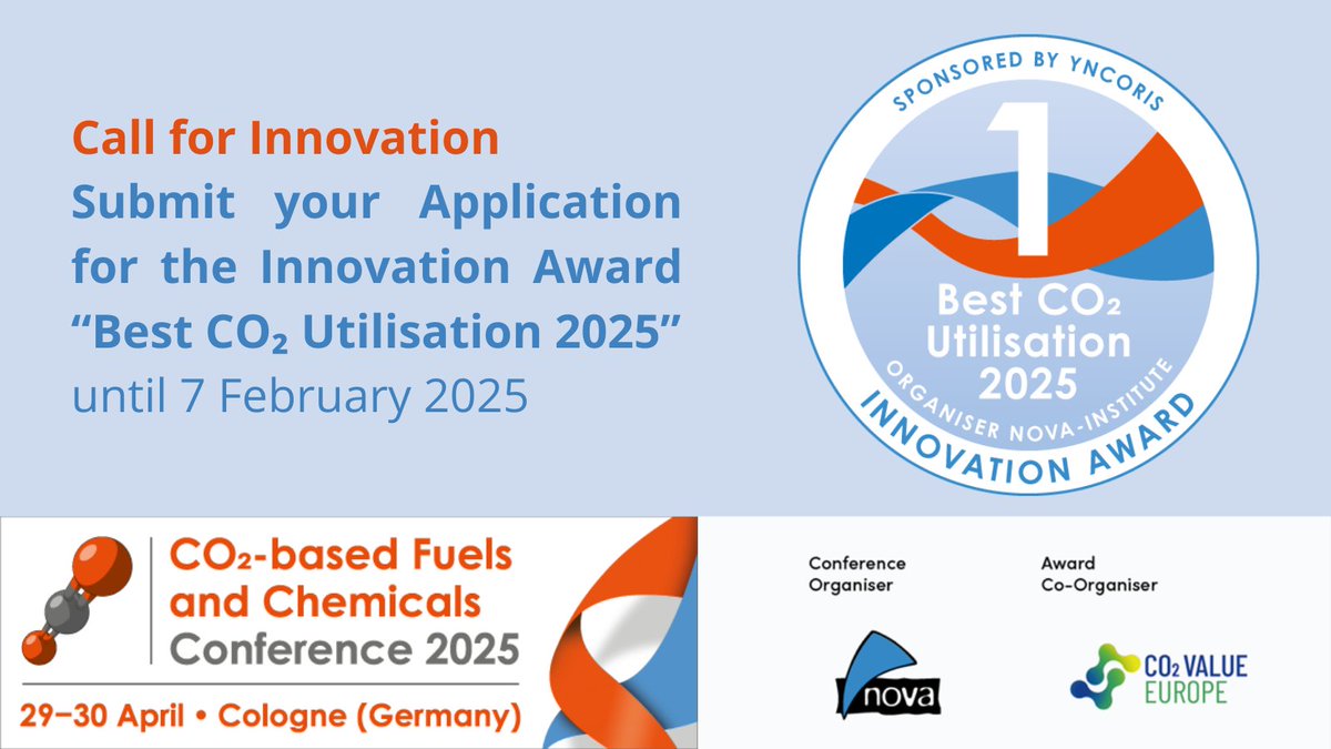 This year, CO₂ Value Europe is once again co-organising the “Best CO₂ Utilisation 2025” #Innovation Award. If you are a visionary creator or producer of innovative #CCU products or technologies, don’t miss this opportunity!

Apply by 7 Feb 2025: shorturl.at/S0Om3