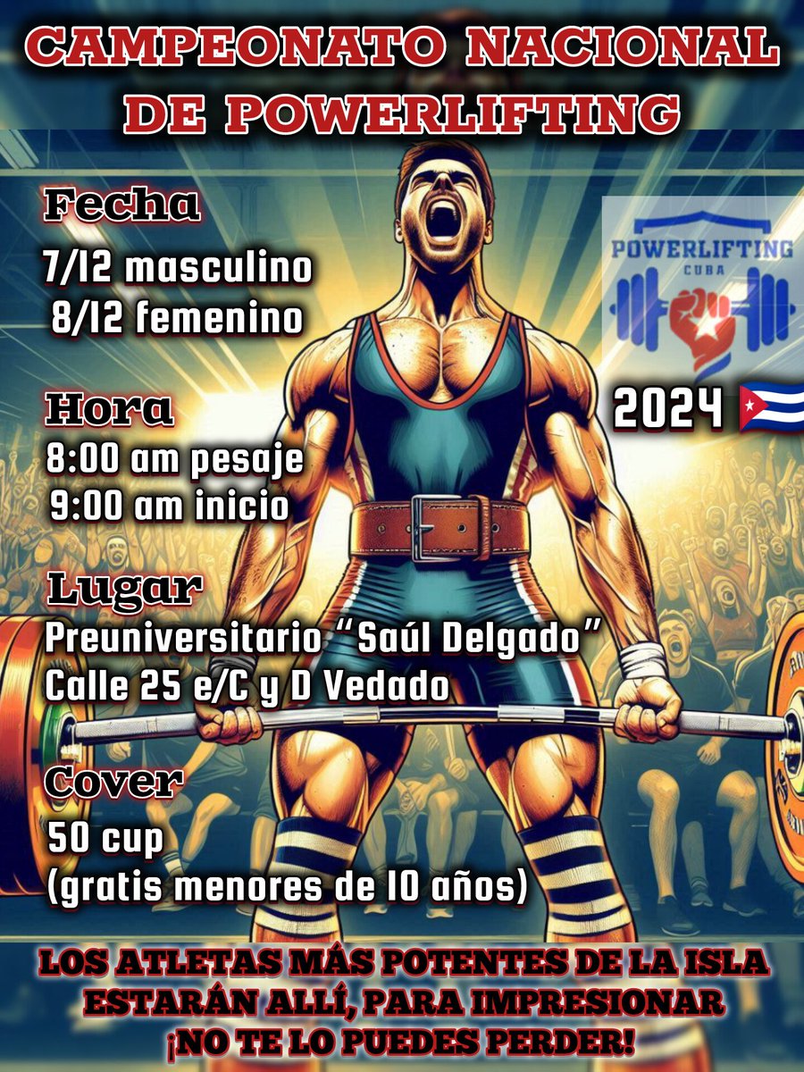 Jelouuu, voy a estar el domingo 8 ripeándome a muerte en el Campeonato Nacional de Powerlifting. Para los que deseen pasar por allá y ver a mujeres levantar pesos duros... El día 7 es el de los hombres, se calienta el Saúl Delgado.
.
Si pueden ayuden con su 🔁