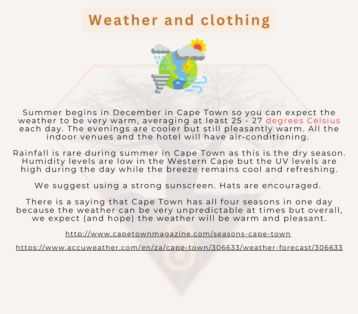 GlobalDiamondOA's tweet photo. ☀️ Summer in Cape Town!

🌡️ 25–27°C days
🌬️ Cool evenings
🌞 Don’t forget sunscreen &amp; hats!
👗 Pack light but be ready for surprises!

#DOASummit2024 #CapeTownWeather #OpenScience https://t.co/HfVaEJHHfP