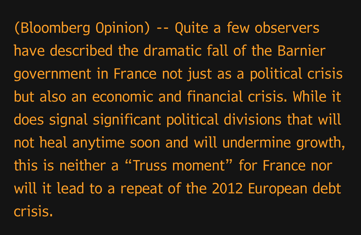 FYI, thoughts on what the collapse of the Barnier government in France means and  does mean for the French economic and financial outlook.

bloomberg.com/opinion/articl…

#economy #France #markets #econtwitter <a href="/opinion/">Bloomberg Opinion</a> <a href="/markets/">Bloomberg Markets</a> <a href="/economics/">Bloomberg Economics</a>