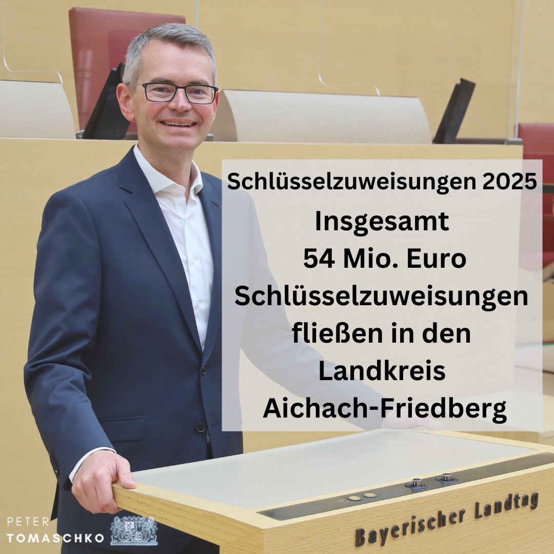 PeterTomaschko's tweet photo. 2025 fließen insges. knapp über 54 Mio. € #Schlüsselzuweisungen in den Lkr. Aichach-Friedberg. Das ist ein Plus von mehr als 2 Mio € im Vergleich zu 2024. Das zeigt: Auch bei Inflation und stagnierenden Steuereinnahmen steht der Freistaat Bayern an der Seite unserer Kommunen. https://t.co/YhKudWmjxe
