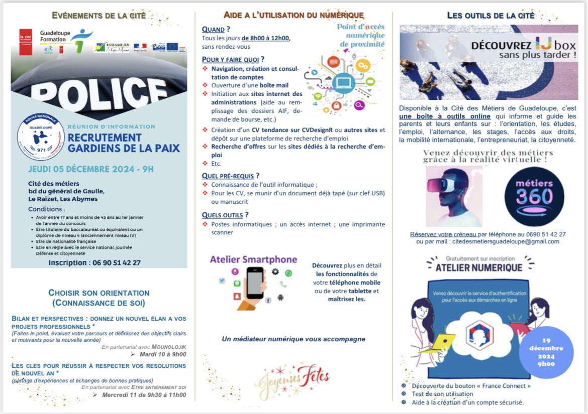 Gpe_Formation's tweet photo. La @CMETIERS971 vous propose son programme d'activités pour le mois de décembre 2024. #DemandezLeProgramme #TrouverSaFormation #CréerSonActivité #ChangerSaVieProfessionnelle #RechercheSonEmploi #ChoisirSonOrientation 
Téléchargez ici 👉 https://t.co/bSLlNhdltj https://t.co/T5WMaqx8XJ