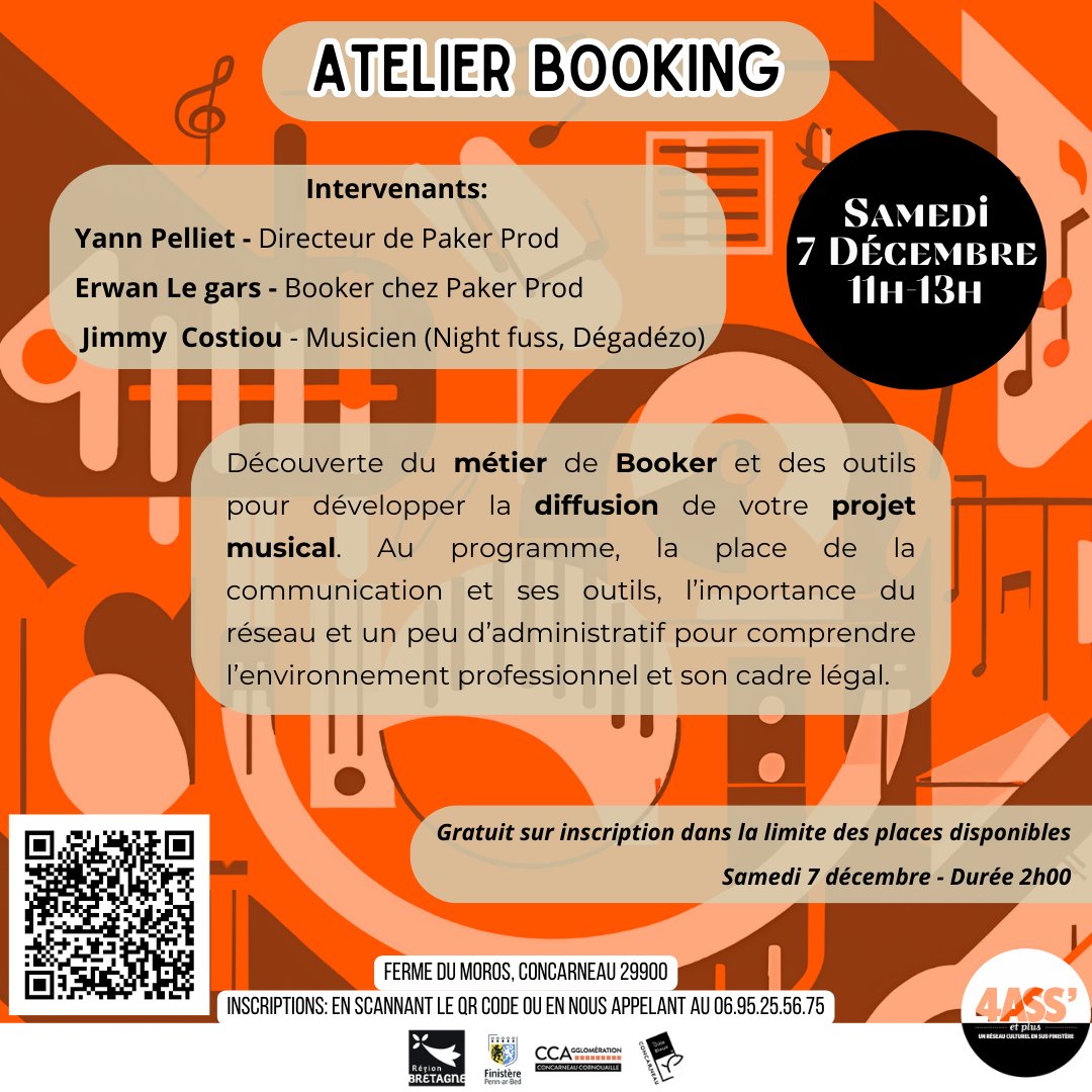 [ATELIER]
Yann Pelliet et Erwan Le Gars de Paker Prod animeront ce samedi un atelier "Booking" aux studios du Moros à Concarneau.
.
Découverte du métier de Booker et des outils pour développer la diffusion de votre projet musical.
.
<a href="/quatreassetplus/">Studios 4ASS'</a> 
#studio #concarneau #musique