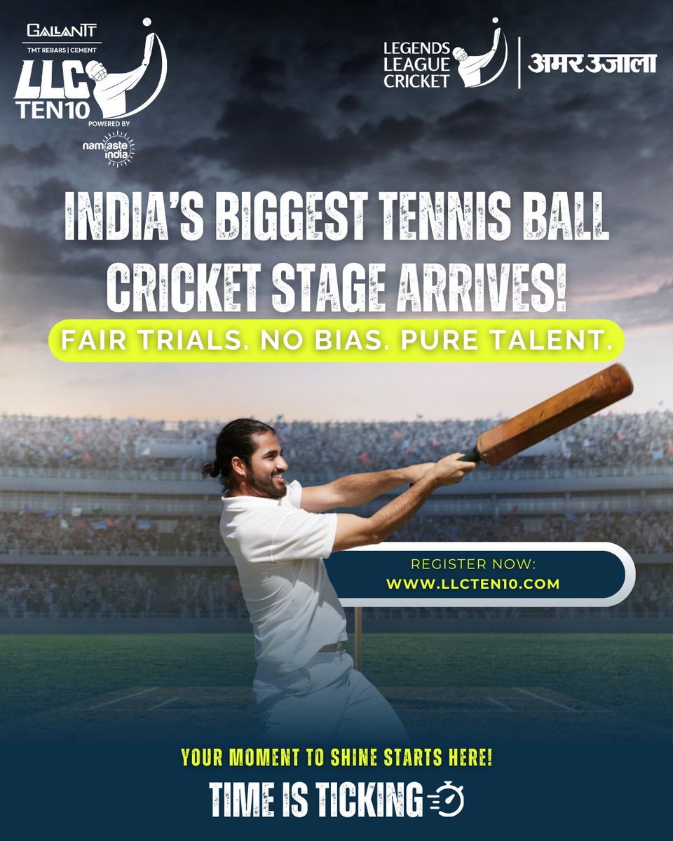 LLCTEN10 (@llcten10) on Twitter photo Ready to showcase your skills?
LLCTen10 trials are fair, skill-based, and will be observed by <a href="/ball_federation/">TENNIS BALL CRICKET FEDERATION OF INDIA</a> scouts. The stage is set for you to shine! Register today! ✨🏏
#LLCTen10 #TBCFIScouts #CricketTalent Ready to showcase your skills?
LLCTen10 trials are fair, skill-based, and will be observed by <a href="/ball_federation/">TENNIS BALL CRICKET FEDERATION OF INDIA</a> scouts. The stage is set for you to shine! Register today! ✨🏏
#LLCTen10 #TBCFIScouts #CricketTalent