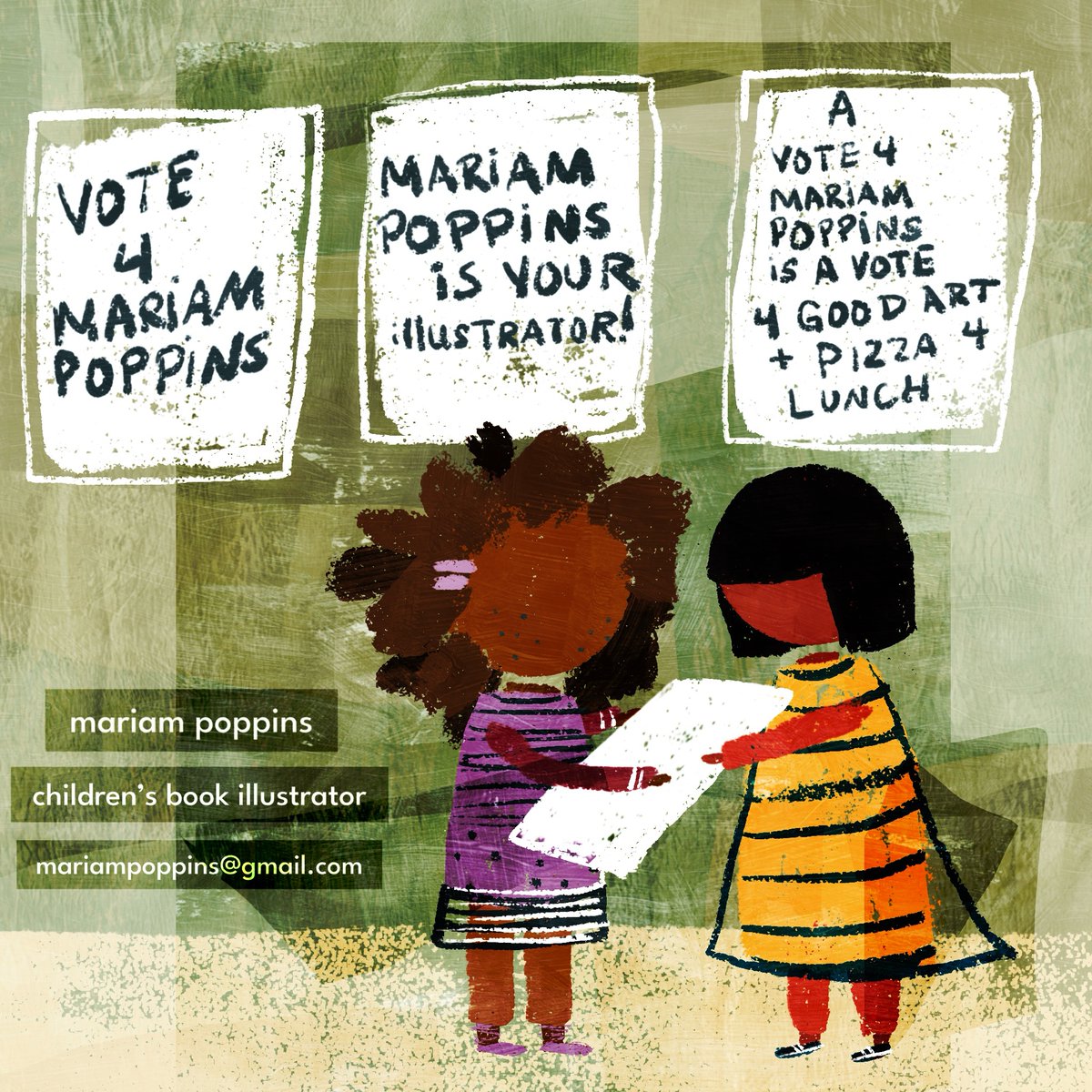VOTE🗳️4 Mariam Poppins to be your children’s book illustrator!  Publishers, Authors…We are out here on #kidlitartpostcard day to win your vote! If you reserve your seat with us, we will buy you a pizza🍕
So vote wisely &amp; vote with your stomach. I mean vote for us!😄 lol