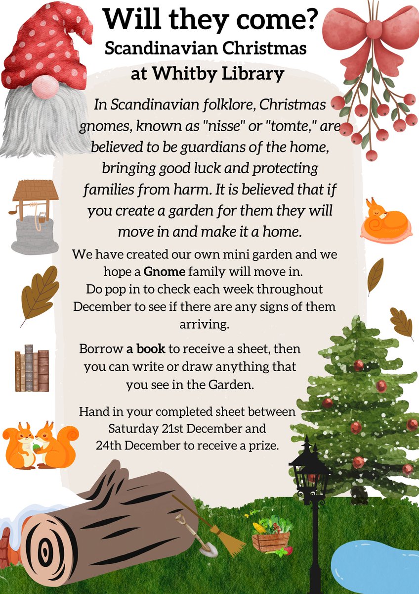 We are embracing the Scandinavian tradition of building a Christmas Gnome Garden in hopes that our very own Gnome family will move in! Join in the fun by borrowing a book &amp; then collecting an answer sheet to write or draw anything new you might see appear in the Garden.