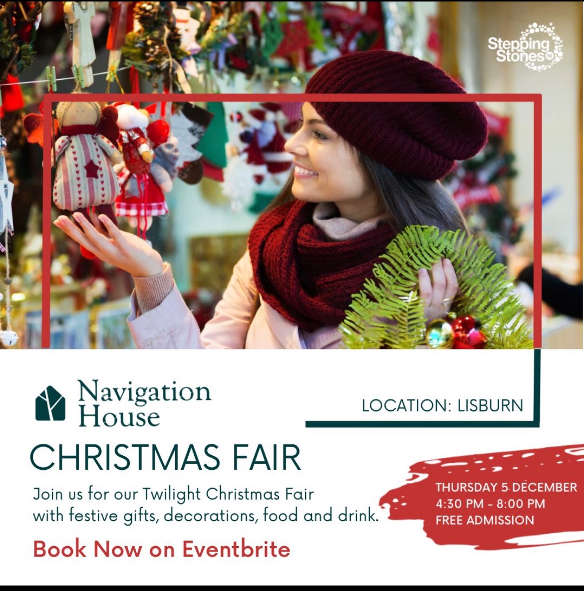 steppingni's tweet photo. We’re looking forward to our Christmas Craft Fair tonight at Navigation House Lisburn from 4.30pm to 8pm.
Parking available on Blaris Road and Premier Inn.
#navigationhouse
#buysocial
#socialenterprise https://t.co/AU0mUlJKW0