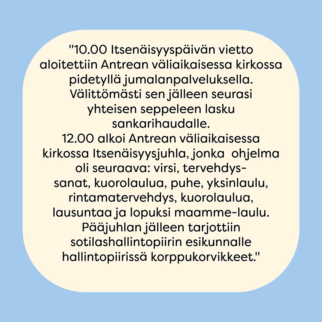 Millainen oli itsenäisyyspäivä Antreassa vuonna 1943?
Siihen saadaan vastaus Sotapäiväkirjat-kokoelman digitoiduista sotapäiväkirjoista. 

Sotapäiväkirjat-kokoelmaan pääset täältä: astia.narc.fi/uusiastia/kort…