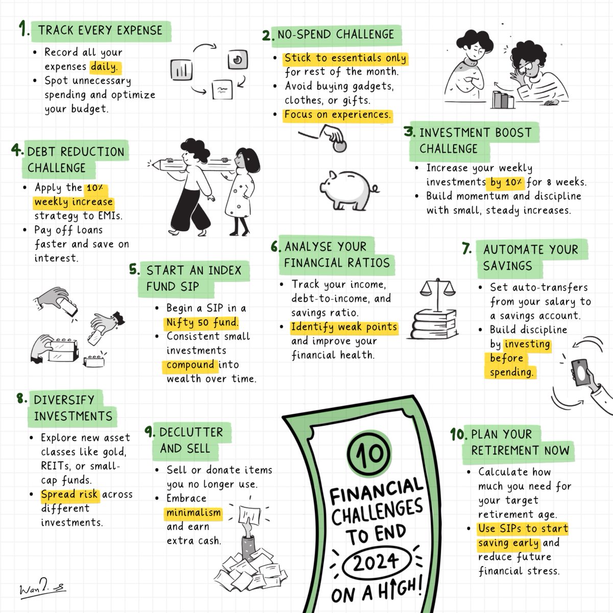 supriyayyya's tweet photo. 2024’s almost done, but it’s not too late to give your finances a glow-up!

Pick a couple of these challenges from @warikoo's  list and end the year on a high! :)

P.S. I love turning long content into cool, snackable visuals. DM me if you want to collaborate! 📩

#sketchnotes https://t.co/fA5peSkchN