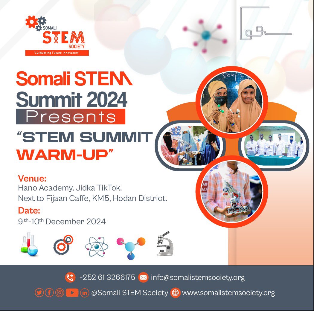 SomaliSTEM's tweet photo. Join Somalia's brightest minds at #SomaliSTEM2024 Summit (Dec 9-10)! Watch live demos of innovative projects, experiments &amp; tech solutions shaping Somalia's future in science. Experience the next generation of African innovation! #SomaliInnovation #YouthInScience https://t.co/inZSJdwgum