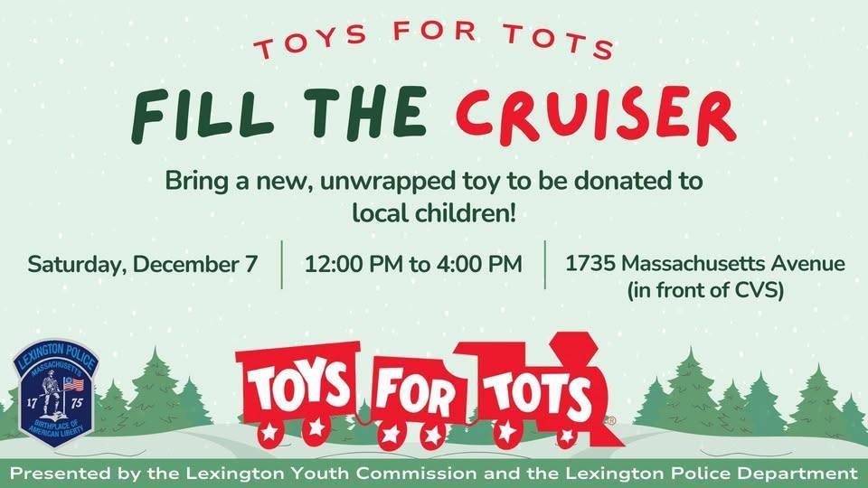 Give the gift of hope this holiday season by donating a new, unwrapped toy to local children! 🧸
Make your donation at Lexington's "Fill the Cruiser" Toys for Tots event on Saturday, December 7 from 12:00 PM to 4:00 PM in front of the Lexington Center CVS (1735 Mass Ave).