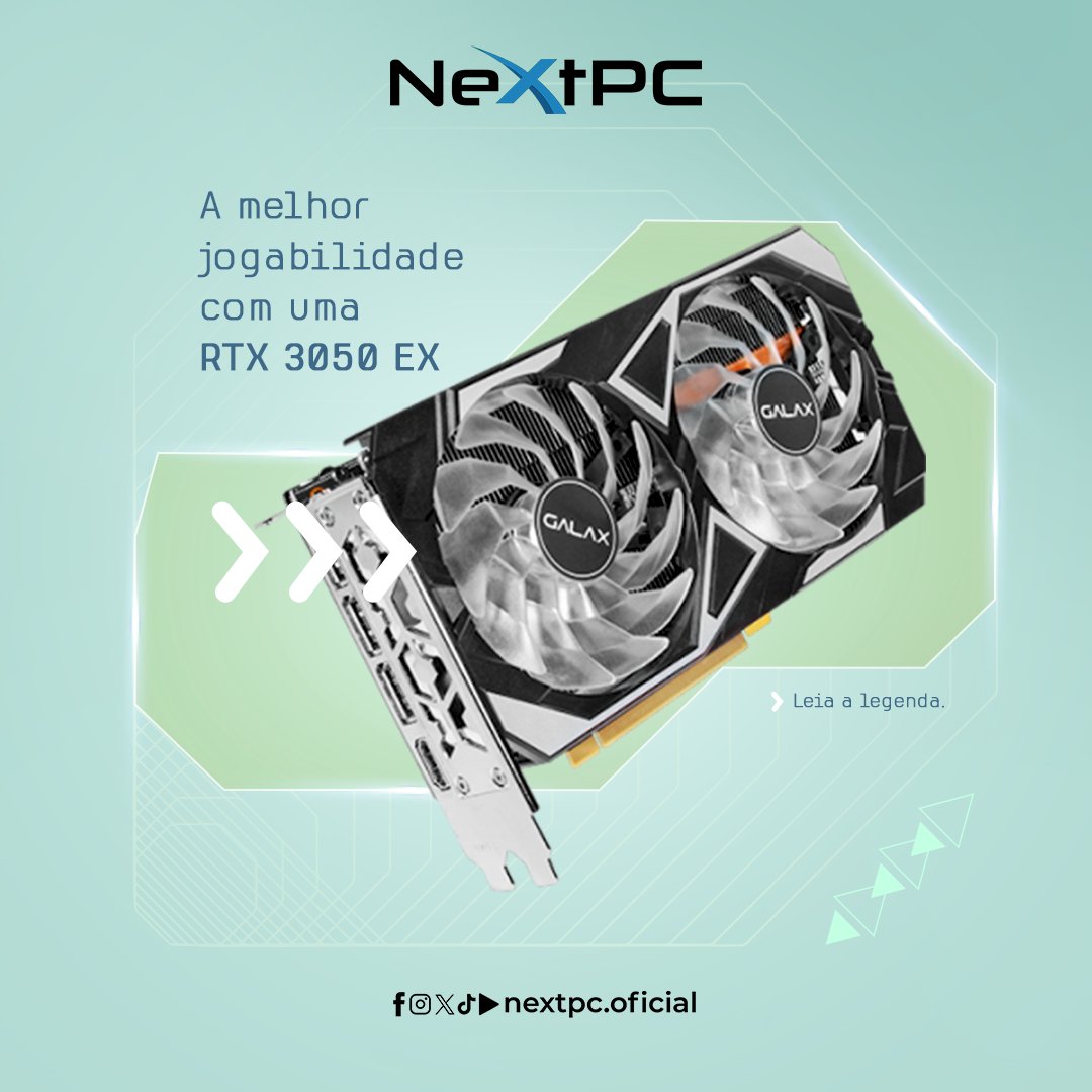 nextpc_oficial's tweet photo. Liberte o poder da RTX 3050 EX e leve sua jogabilidade a outro nível! Aproveite o suporte ao Ray Tracing para gráficos realistas e ative o DLSS para taxas de quadros incríveis sem perder qualidade visual. 
Você encontra a Nvidia RTX 3050 EX com o melhor preço aqui na NextPC! ✌️🔵 https://t.co/AGx6CuZuWS