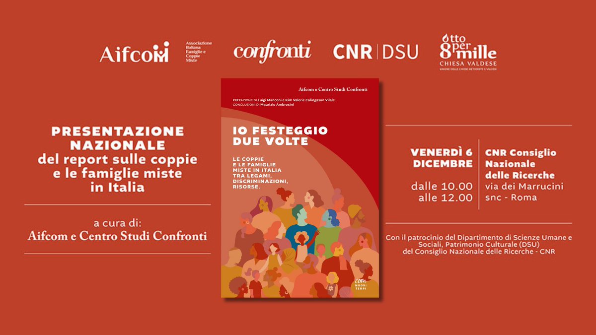 CNRsocial_'s tweet photo. 📌#6dicembre | ore 10.00 | #Cnr #Roma
Presso l'Aula Convegni sarà presentato "Io festeggio due volte", il report sulle coppie e le famiglie miste in Italia nato dalla collaborazione tra @Confronti_CNT e #Aifcom col patrocinio del @cnrdsu
ℹ️https://t.co/YrkGmUI6eC
@MC_Carro https://t.co/p6Y0GYW5G6