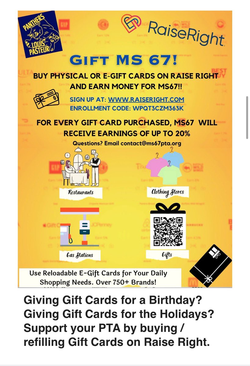 MS67PTA's tweet photo. It’s gift card giving time! Why not purchase from raise right and a portion of the sales will go back to ms67! Funds raised go towards school activities! https://t.co/aldaEQ4LFx