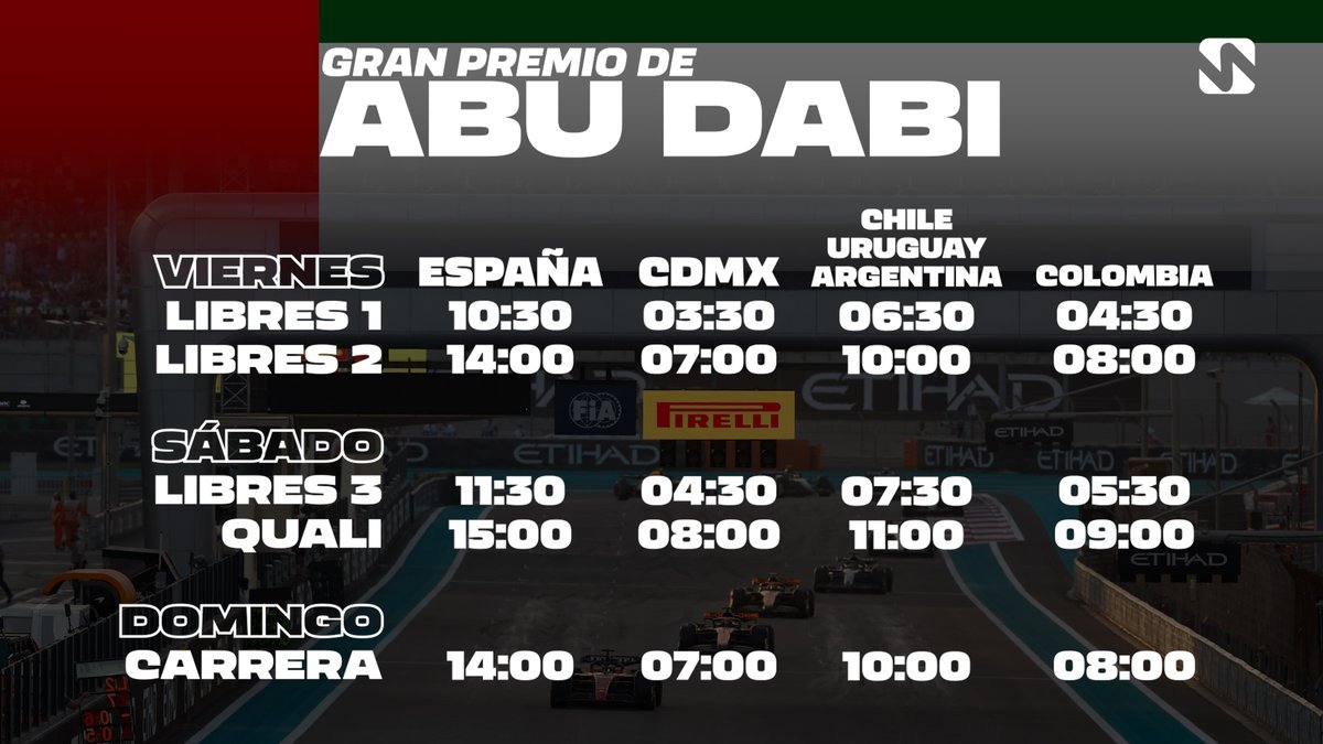 🏁 H O R A R I O S 🏁

Este fin de semana toca despedir la temporada 2024 de Fórmula 1 con el habitual fin de fiestas: el Gran Premio de Abu Dabi 🇦🇪. El Mundial de Constructores, en juego.

Comparte los horarios, salva una vida.