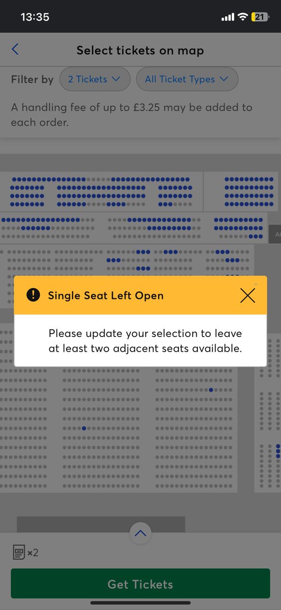 leesh1884's tweet photo. @TicketmasterUK  is it not possible to book 2 seats in the stalls.? It states can’t book as leaves a single seat. However others have left single seats. I only want to book for 2 but not in the back or side as other vacant spots available. 
Can you help.? https://t.co/uSPBvtsV3i