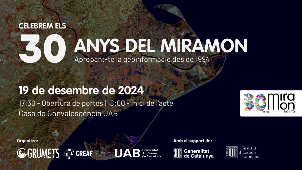 Reserva't la data!  🎉Celebrem els 30 anys del MiraMon amb un acte central i un panell sobre el passat, present i futur dels #SIG i la teledetecció a Catalunya!  
📅 19 de desembre, 17:30h  
📍 Aula Magna, Casa de Convalescència UAB
🍾Aperitiu per a tots els assistents!