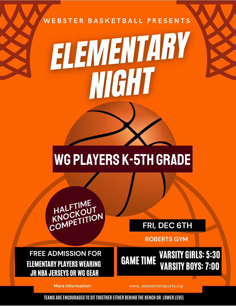 WGHSGirlsBball's tweet image. Come join us for a home opener and ELEMENTARY NIGHT! Friday 12/6. 
Students k-5th wearing Webster spirit wear or jerseys get in for free! 
@statesmensports @StatesmenHoops