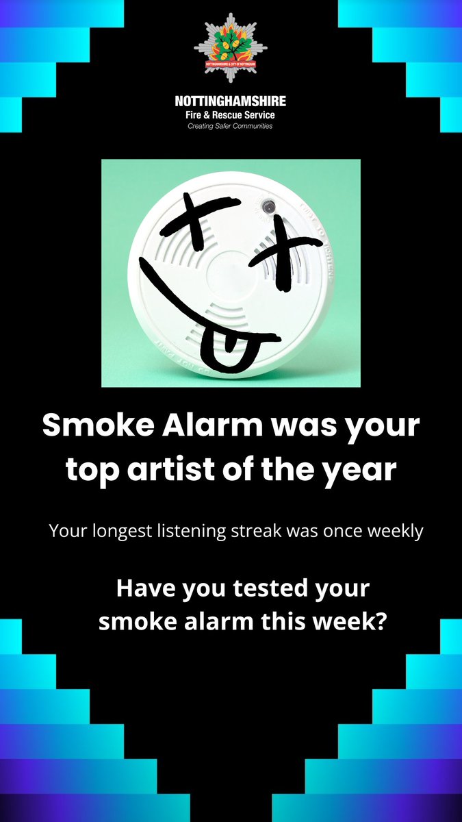 #SpotifyWrapped reminding us of how important testing your smoke alarm is ❗

Testing your smoke alarm could save your life, so test it today ❗

Did you know we also have a free testing reminder service, which you can sign up to now? 👉 notts-fire.gov.uk/press-to-test