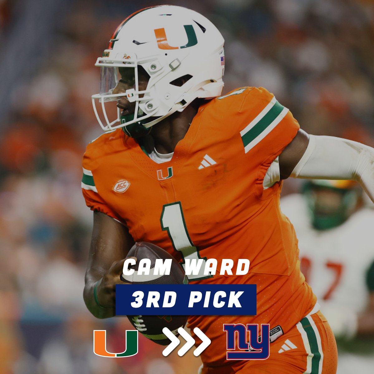 NYG_App's tweet photo. CBS' @BBrockermeyerFW has the Giants taking Miami QB Cam Ward with the 3rd pick in his latest mock draft🤔

Would you take him?👇 #Giants100 https://t.co/MoUjjRDbrJ