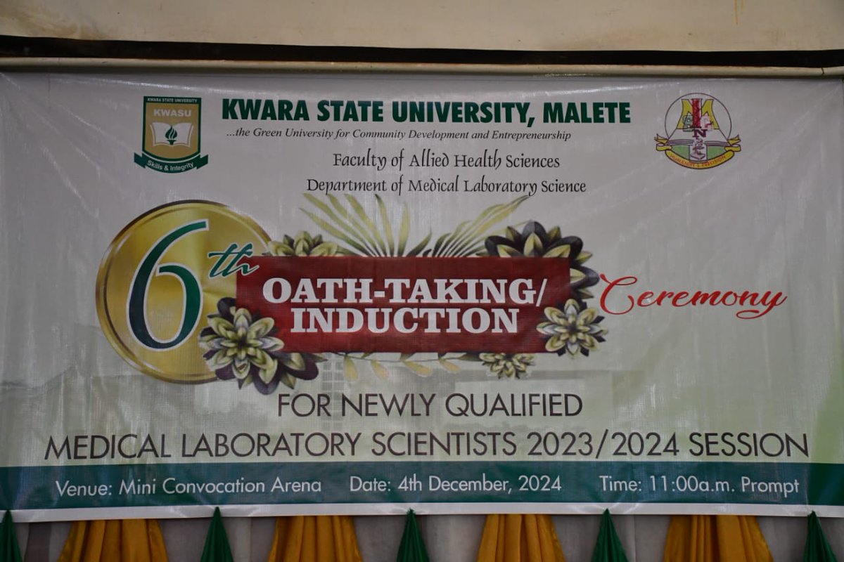 KwasuOfficial's tweet image. 61 KWASU graduates induced into the Medical Laboratory Science Council of Nigeria MLSCN on Wednesday, December 4, 2024.

The Registrar of the Council, Professor Tosan Erabor, conducted the oath-taking and induction ceremony. 

#KWASU
#MLS
#MLSCN
#induction