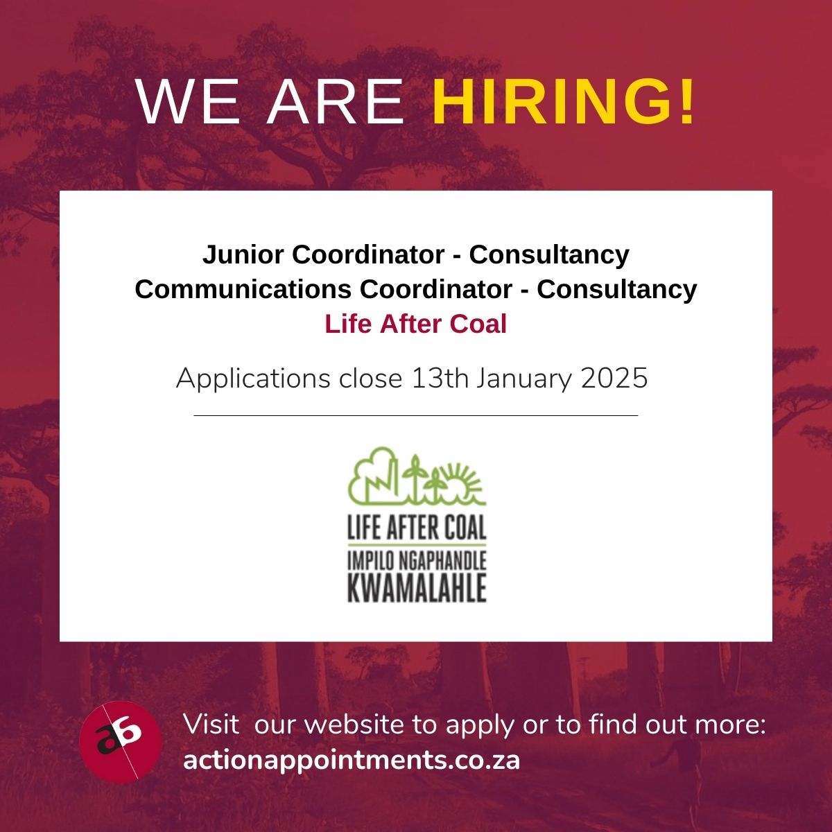 actionappntmnts's tweet image. VACANCIES! Action Appointments is recruiting x2 positions for @LifeAfterCoal.

For more information, visit the links below:
actionappointments.co.za/vacancies/life…

actionappointments.co.za/vacancies/life…

#hiring #coordinator #communications #campaigns