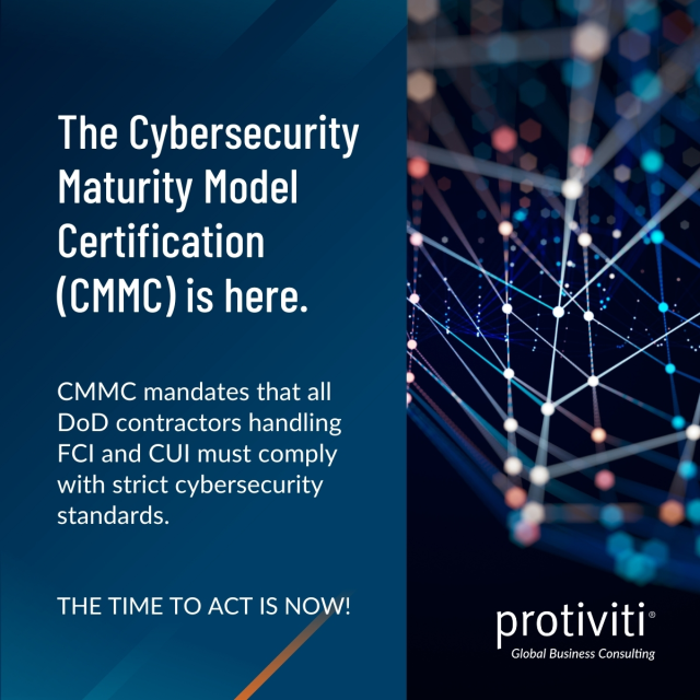 TimMaloneyJr's tweet photo. Cybersecurity Maturity Model Certification (CMMC) compliance consulting is vital for businesses working with the U.S. Department of Defense. Protiviti’s tailored services help you meet CMMC requirements, ensuring cybersecurity. Act now! https://t.co/XDI971fXx6 https://t.co/wTttHzYO2o