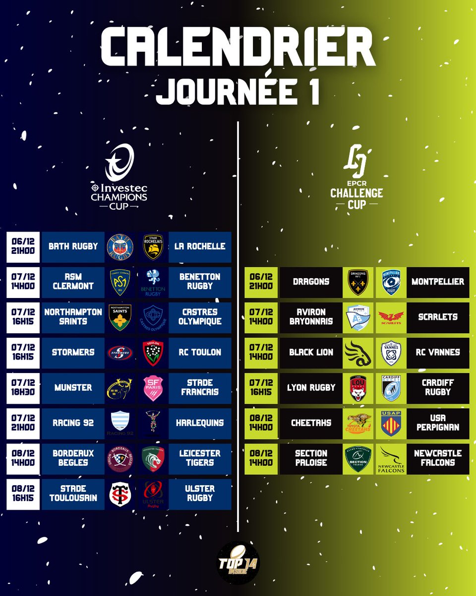 TOP14_inside's tweet photo. ๐๏ธ | Le calendrier pour les matchs de Coupes d'Europe ce weekend !!! ๐ฅ๐
#BATSR | #ASMBEN | #NORCAS | #STORCT | #MUNSFP | #R92HAR | #UBBLEI | #STULS | #DRAMON | #ABSCA | #BLARCV | #LOUCAR | #CHEUSAP | #PAUNEW | #ChampionsCup | #ChallengeCup https://t.co/Ay9cpfhpy1