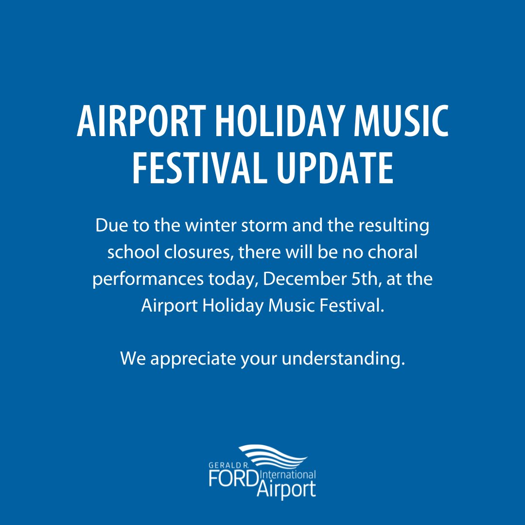 Due to the winter storm and the resulting school closures, there will be no choral performances today, December 5th, at the Airport Holiday Music Festival.

We appreciate your understanding.