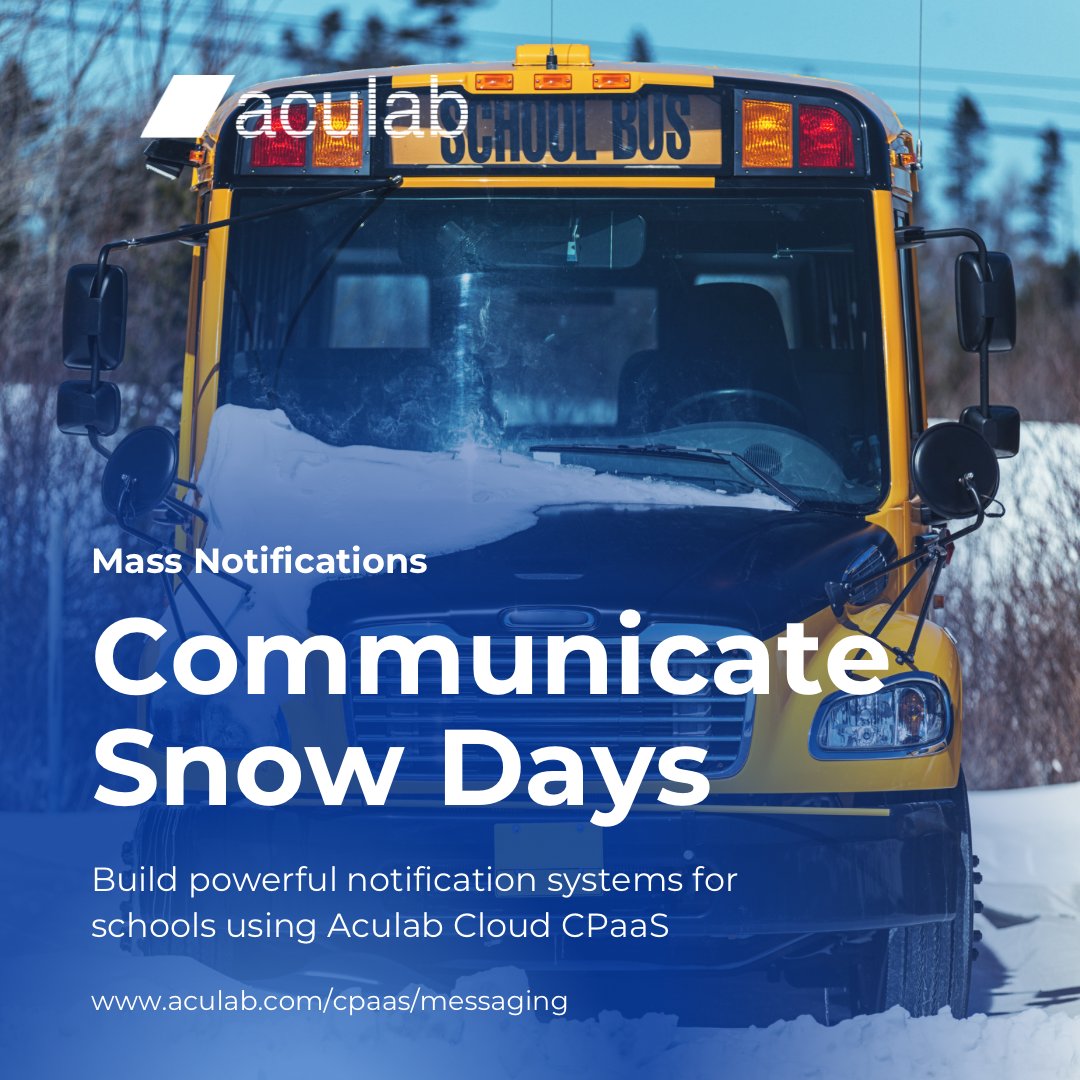 Don't let weather disrupt your school communications ❄️

Keep parents, staff, and students informed ✓
Mass SMS messaging ✓
Real-time updates ✓

aculab.com/cpaas/messaging

#K12Technology #SchoolAdmin #EdTech #CPaaS #MassNotification #EmergencyCommunications #CloudCommunications