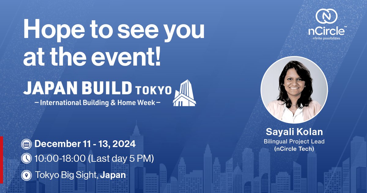 nCircle Tech (@ncircletech) on Twitter photo 🚀 Excited to share that Sayali Kolan, our Bilingual Project Lead, will represent <a href="/nCircleTech/">nCircle Tech</a> at JAPAN BUILD Tokyo 2024 this December!
Looking forward to exploring smart building innovations and connecting with global leaders in construction tech. Let’s build the future! 🌍🏗️ 🚀 Excited to share that Sayali Kolan, our Bilingual Project Lead, will represent <a href="/nCircleTech/">nCircle Tech</a> at JAPAN BUILD Tokyo 2024 this December!
Looking forward to exploring smart building innovations and connecting with global leaders in construction tech. Let’s build the future! 🌍🏗️