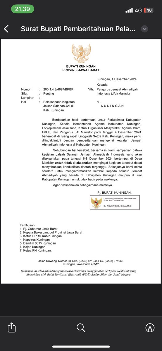 Larangan Jalsah Salanah = Bukti Kegagalan Negara?

Pemkab Kuningan melarang kegiatan Jalsah Salanah Jemaat Ahmadiyah Indonesia. Sebuah tindakan yg tdk hanya melanggar HAM, ttp  jg mencerminkan lemahnya komitmen pemerintah dlm melindungi KBB.