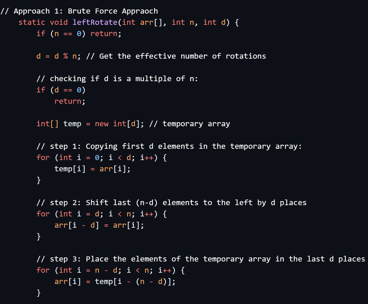 45NitinVerma's tweet image. 🔄 Solved Rotate Array Problem on @CodingNinjasOff !
Approaches:
1️⃣Brute Force: TC: O(n), SC: O(d)
2️⃣Optimized Reversal: TC: O(n), SC: O(1)
Loved exploring both space-efficient & simpler solutions! 🚀
#DSA #Algorithms #JavaCoding #CodingJourney #RotateArray #CodingNinjas