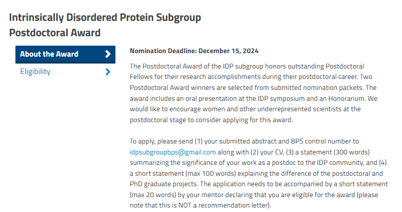 SamratLabMohali's tweet photo. The deadline for the 2025 Intrinsically Disordered Protein (IDP) Subgroup Postdoctoral Awards is approaching (December 15, 2024). The award includes an oral presentation at the IDP symposium &amp; an honorarium. Postdocs working in the IDP field can apply now:
https://t.co/y2AJbNjQ1c https://t.co/zkkffkKFoL