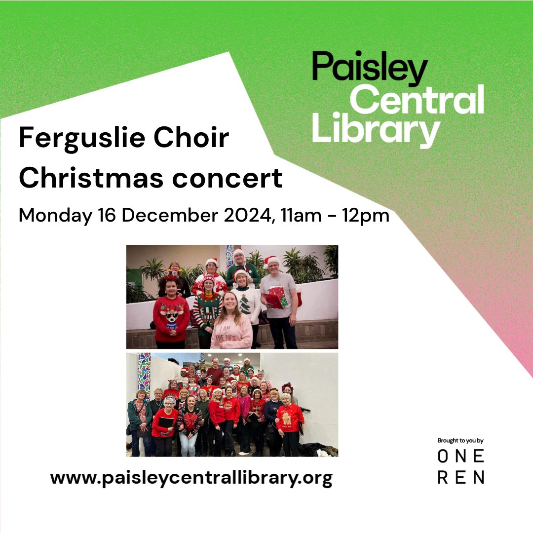 OneRen Culture (@onerenculture) on Twitter photo Enjoy a festive sing along with Ferguslie Park Community Choir. FREE coffee, tea, & mince pies in the community room for anyone who wants to stay for a chat. Paisley Central Library, Mon 16 Dec 2024, 11am - 12pm (noon). No need to book, just drop-in.🎄🎅 <a href="/WhatsOnRen/">What's On Renfrewshire</a> <a href="/paisleyis/">Paisley is</a> Enjoy a festive sing along with Ferguslie Park Community Choir. FREE coffee, tea, & mince pies in the community room for anyone who wants to stay for a chat. Paisley Central Library, Mon 16 Dec 2024, 11am - 12pm (noon). No need to book, just drop-in.🎄🎅 <a href="/WhatsOnRen/">What's On Renfrewshire</a> <a href="/paisleyis/">Paisley is</a>