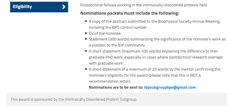 The deadline for the 2025 Intrinsically Disordered Protein (IDP) Subgroup Postdoctoral Awards is approaching (December 15, 2024). The award includes an oral presentation at the IDP symposium &amp; an honorarium. Postdocs working in the IDP field can apply now:
biophysics.org/awards-funding…