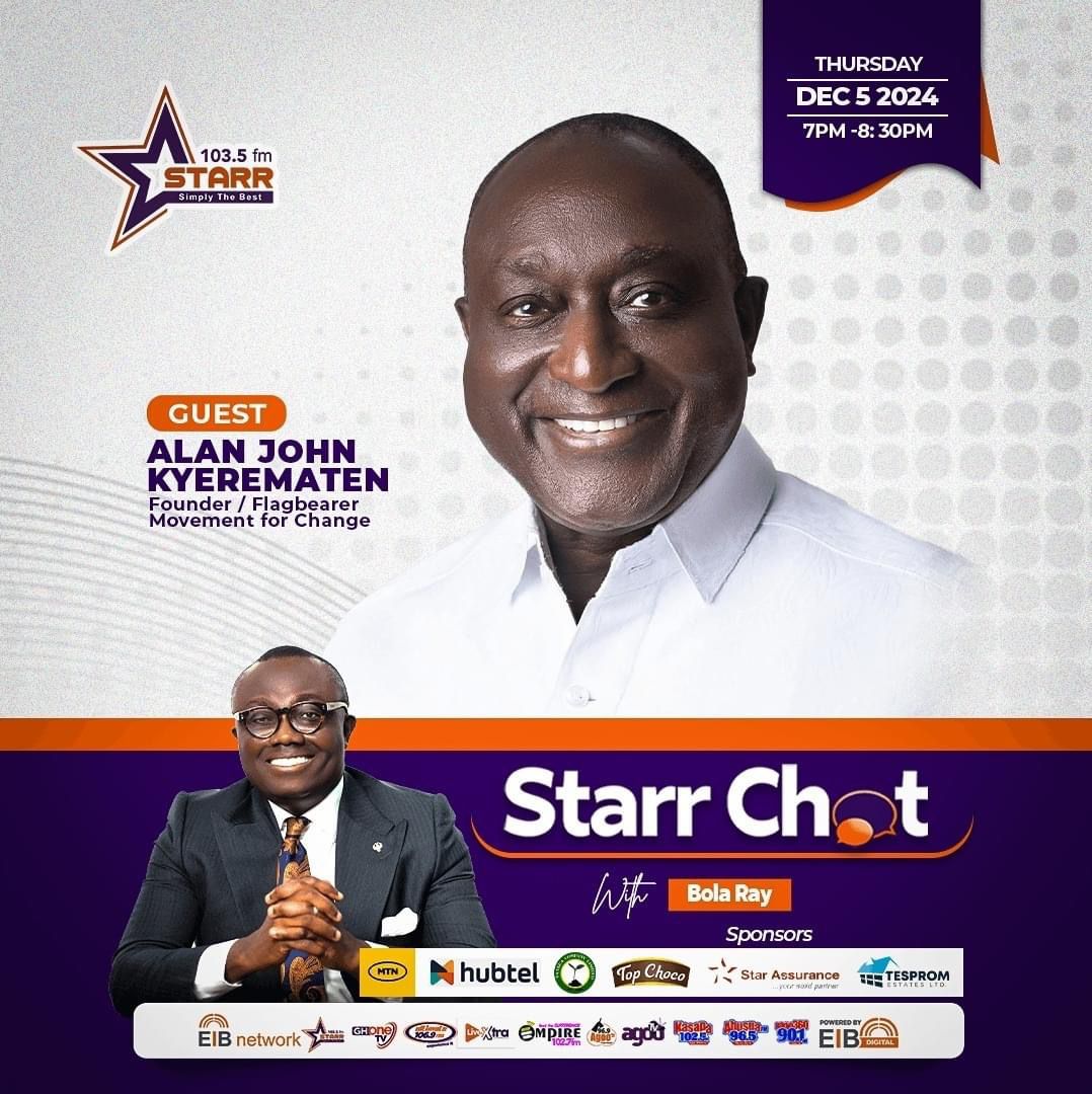 AlanKyerematen's tweet image. 🎙️ Tune In Tonight!

Join me live on Starr Chat with the legendary Bola Ray!

📅 Date: Thursday, December 5, 2024
🕖 Time: 7:00 PM - 8:30 PM
📻 Station: 103.5 FM Starr

🔸 Get inspired by a vision for a better Ghana. Let’s discuss the Movement for Change and the brighter future…