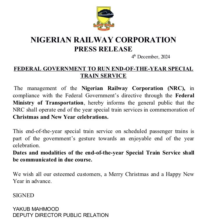 FEDERAL GOVERNMENT TO RUN END-OF-THE-YEAR SPECIAL TRAIN SERVICE

 The management of the Nigerian Railway Corporation (NRC), in compliance with the Federal Government’s directive through the Federal Ministry of Transportation <a href="/MinTransportNG/">Federal Ministry of Transportation</a>, hereby informs the general…

1/3