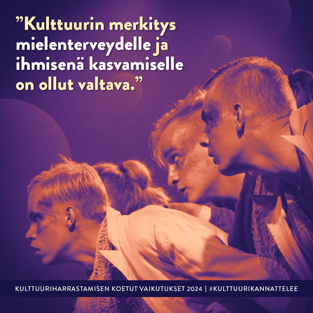 Kulttuurin merkitys mielenterveydelle ja ihmisenä kasvamiselle on valtava. Leikkuriinko?
✂ 96,1% kokee, että kulttuuriharrastamisen kautta voi oppia itsestään uutta 
✂ 87,2% kokee, että kulttuuriharrastaminen auttaa käsittelemään tunteita

#KulttuuriKannattelee #SaksetSeis