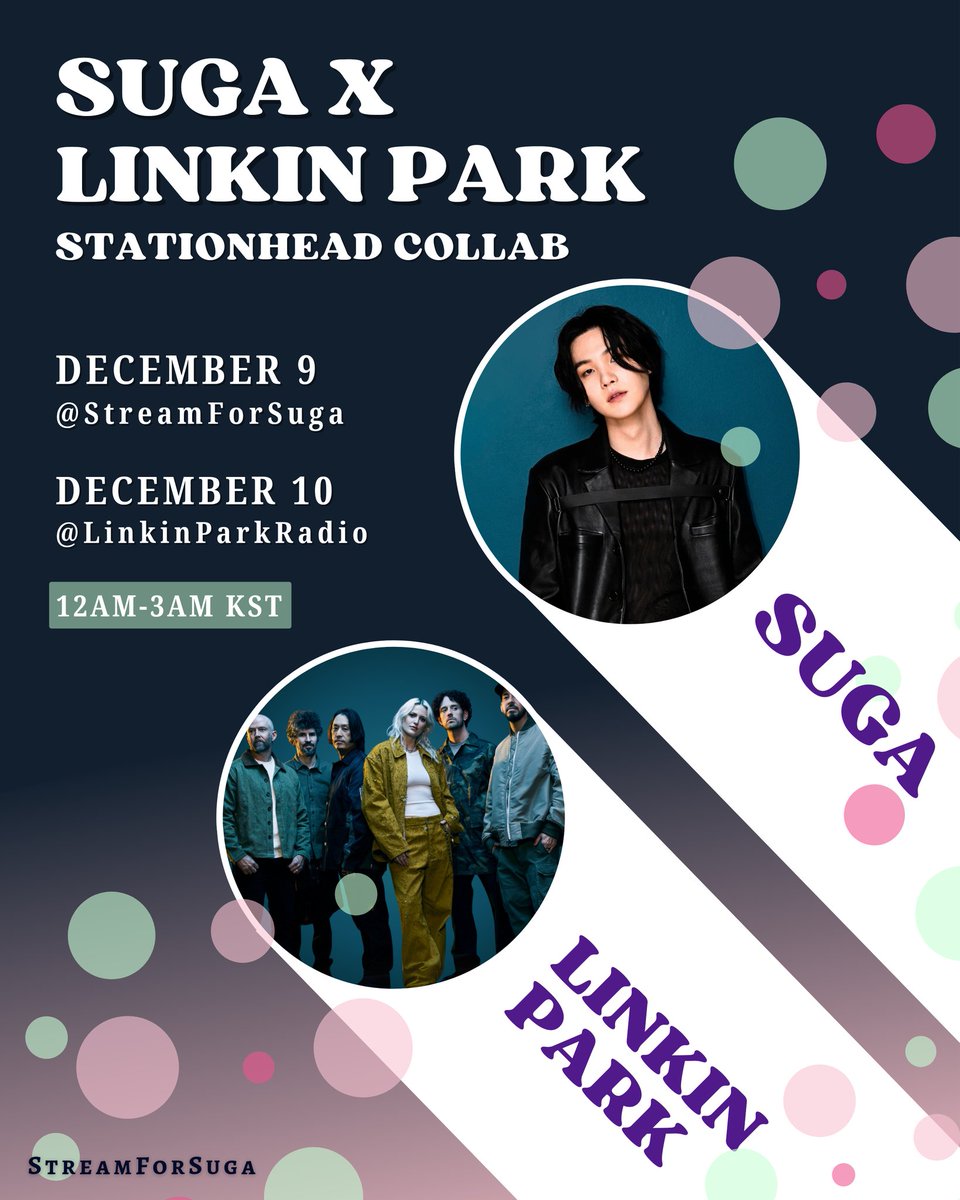 StreamForSuga's tweet image. [#SFS_Announcement]
[ COLLAB STREAMING PARTY ]

Get ready for an upcoming collaboration with @LinkinParkRadio Mark the date and see you on @STATIONHEAD! 💜

📆: Dec. 9 and 10th, 2024
⏰: 12am to 3am KST

#SUGA #LinkinPark
@BTS_twt @linkinpark