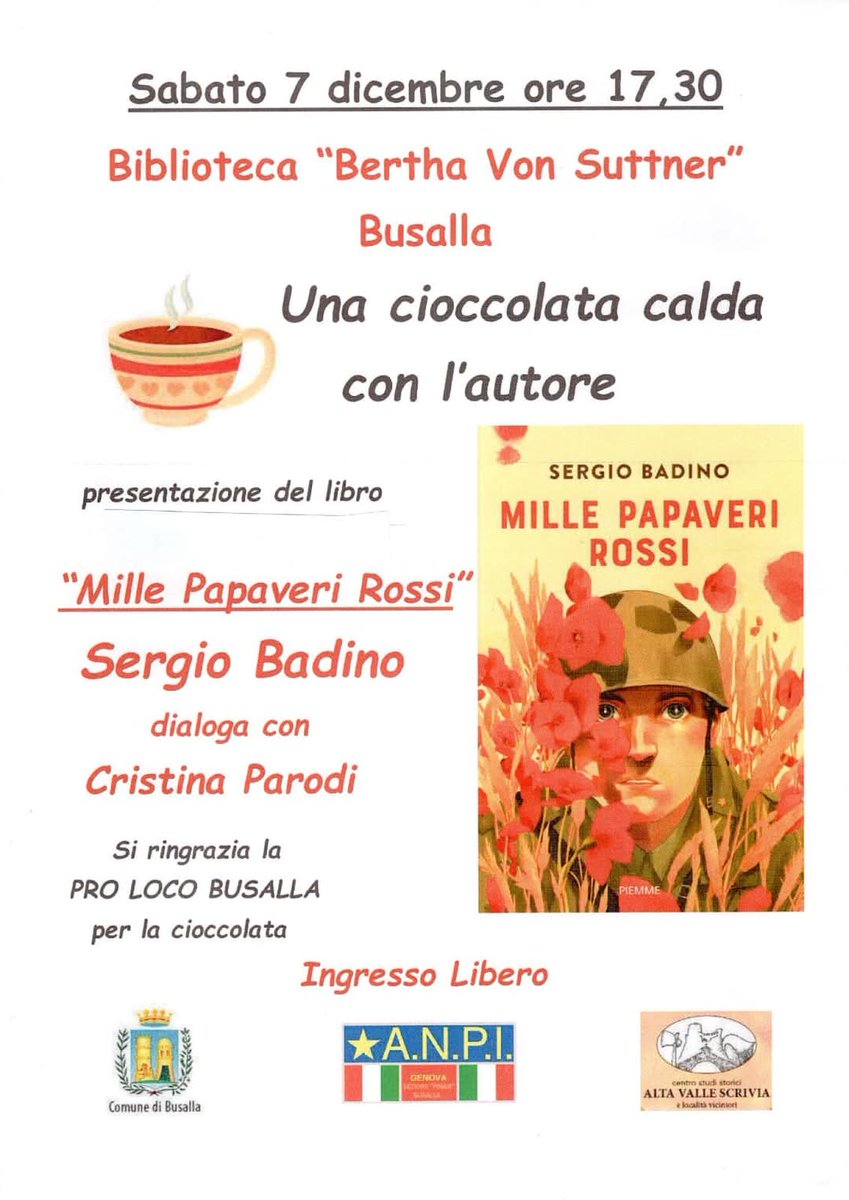 ValliAntola's tweet photo. Sabato 7 dicembre alle 17.30 a #Busalla verrà presentato il libro di Sergio Badino "Mille papaveri rossi", a cura della #prolocobusalla , con il patrocinio di @ComuneBusalla e @Anpinazionale e cioccolata calda finale https://t.co/Y8PK6c4tU9