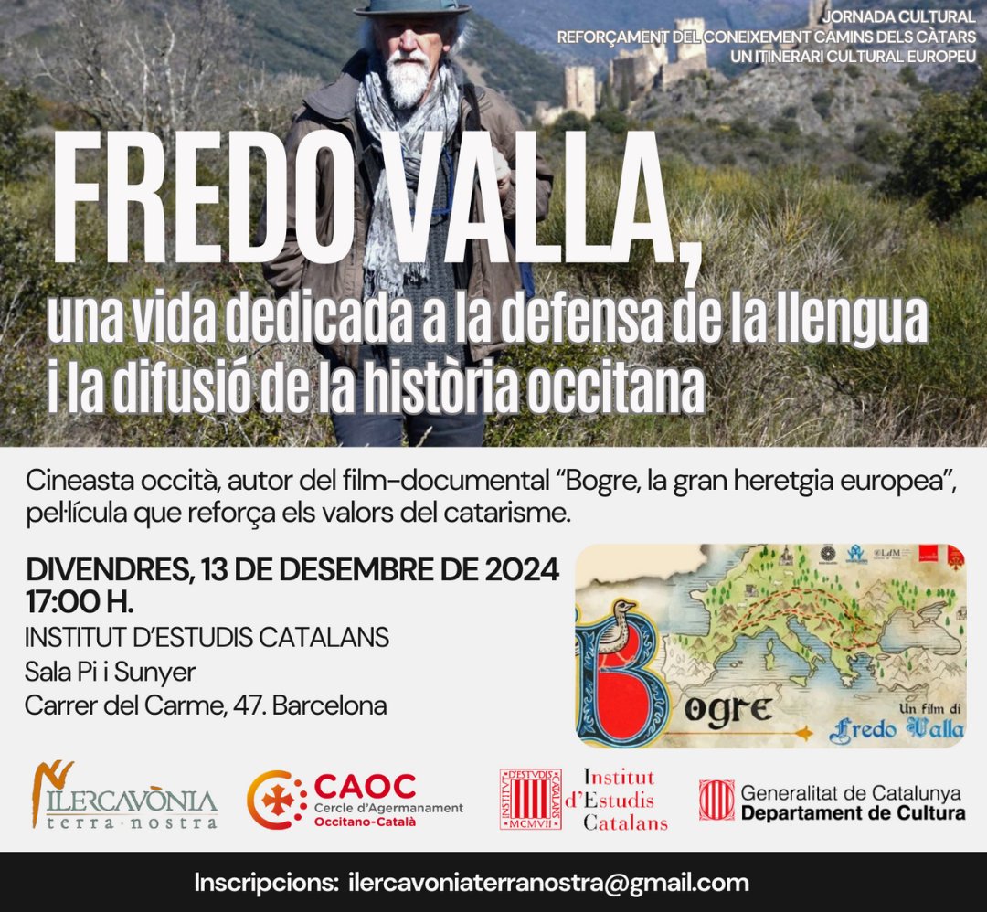 💬 Jornada a l'IEC - “Fredo Valla: una vida dedicada a la defensa de la llengua i la difusió de la història occitana”.

🗓 Divendres, 13 de desembre de 2024
🕔 17:00 h.
🏛 Institut d'Estudis Catalans 
✅ Inscripcions: ilercavoniaterranostra@gmail.com
👉caoc.cat/jornada-fredo-…